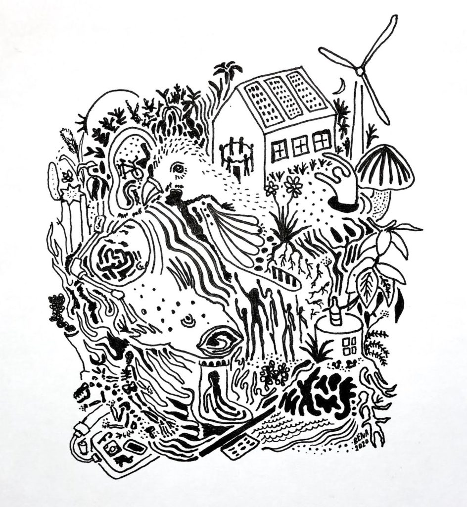 A chaotic line drawing featuring various realistic and abstract elements blending together including wind turbines, solar panels, mushrooms, plants, technology, flames and more.