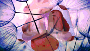 IV. A digitally manipulated torso with a pair of folded hands and large dandylion seeds overlaid on the image